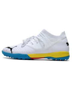 Chuteira PUMA Future Z 1.4 Pro Cage Society Branco Azul Amarelo