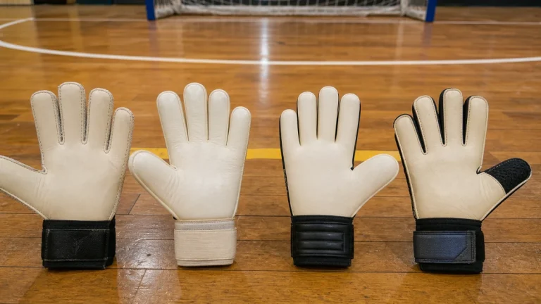 Quatro luvas de goleiro com cortes diferentes nos dedos, palmas para cima sobre piso de quadra de futsal