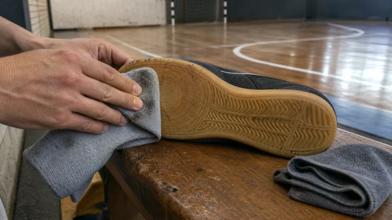Mão limpando com pano úmido a sola de borracha de um tênis de futsal, com área de giro gasta, à beira da quadra