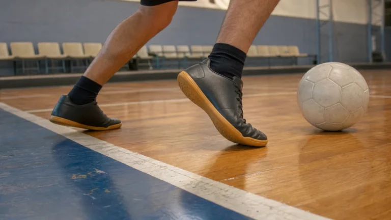 Pés de jogador com chuteiras de futsal de sola de borracha fazendo um corte lateral em quadra de madeira, perto da bola