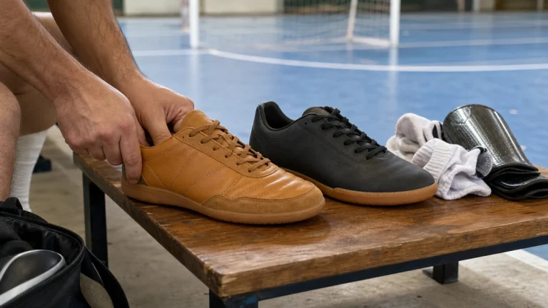 Mãos apertando o calcanhar de uma chuteira de futsal de couro ao lado de outra sintética, sobre banco na borda da quadra
