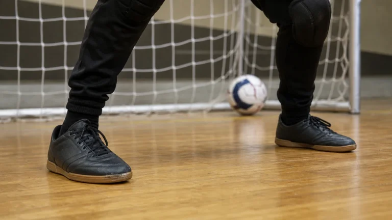 Pernas de goleiro agachado na área de futsal, com calça, joelheiras e chuteiras de quadra gastas na lateral interna