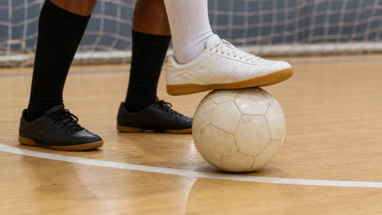 Pé de jogador com chuteira de futsal dominando a bola com a sola, de costas para o gol, com marcador logo atrás