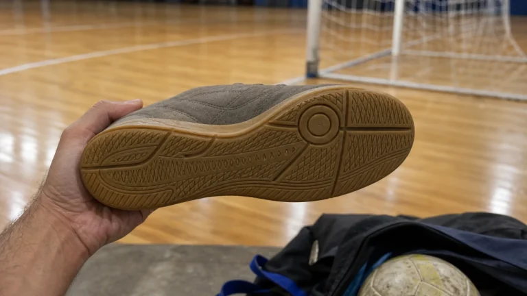 Mão segura tênis de futsal com a sola plana de borracha virada para a frente, à beira de quadra de madeira