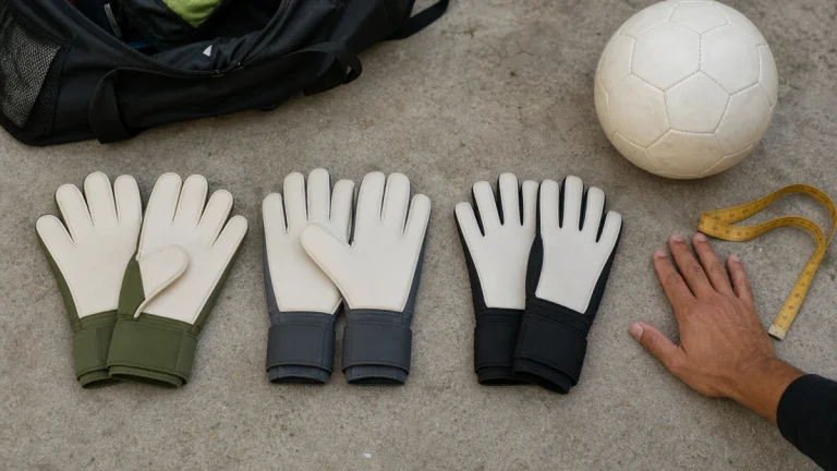 Três pares de luvas de goleiro com cortes diferentes sobre mesa, ao lado de bola, fita métrica e uma mão aberta