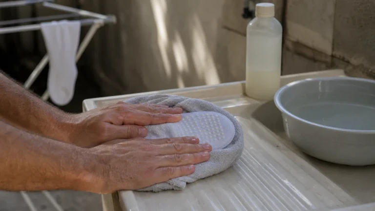 Mãos apertando meia branca com pontos de silicone enrolada em toalha cinza, ao lado de bacia com água