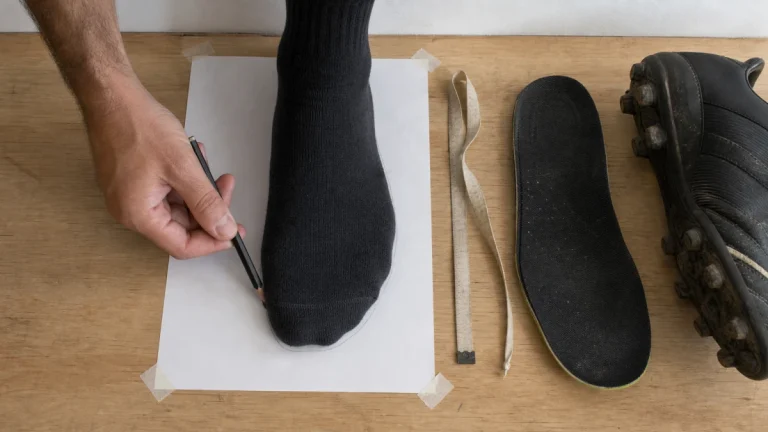 Pé com meia sobre papel tendo o contorno desenhado a lápis, com fita métrica, palmilha e chuteira ao lado