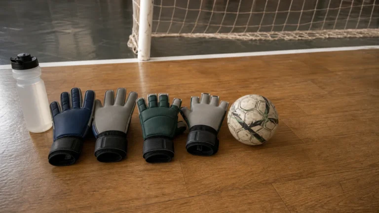 Dois pares de luvas de goleiro, um fechado e outro com pontas dos dedos abertas, ao lado de bola de futsal na quadra