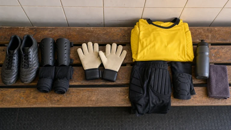Kit de goleiro em banco de vestiário: chuteira, caneleiras, meiões, luvas, camisa, bermuda acolchoada e joelheiras