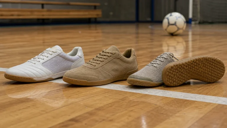 Três calçados de futsal lado a lado em quadra de madeira: um de couro com malha, um de camurça e um de malha tricotada