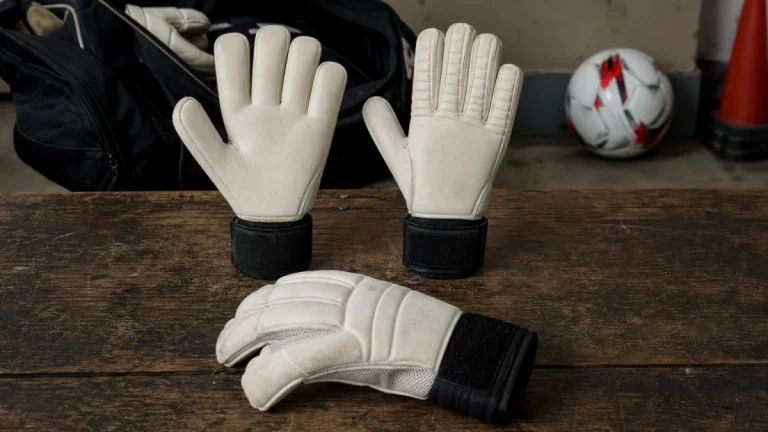 Duas luvas de goleiro de costas sobre bancada, uma com dorso macio e outra com talas rígidas visíveis ao longo dos dedos