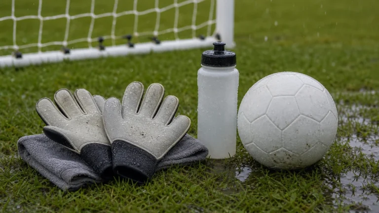 Par de luvas de goleiro sobre toalha na grama molhada junto à trave, com gotas de chuva na palma e bola ao lado