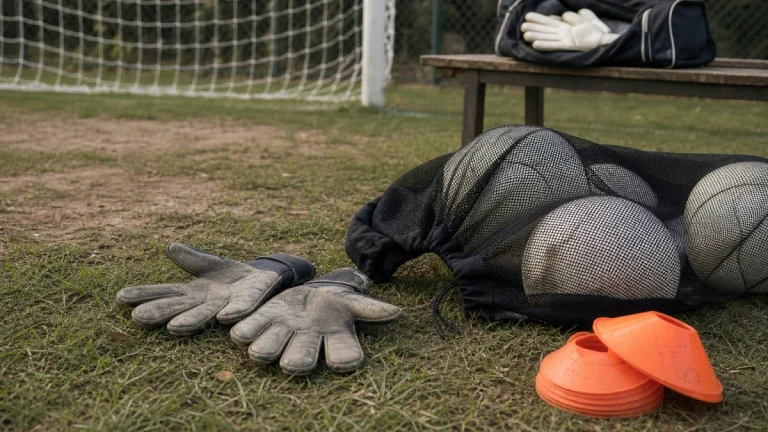 Luvas de goleiro de treino com palma gasta na terra da área, ao lado de bolas e cones, e outro par limpo numa bolsa