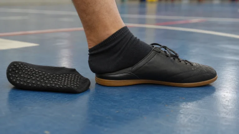 Pé com meia escura entrando em tênis de futsal sobre piso de quadra, com outra meia de sola emborrachada ao lado