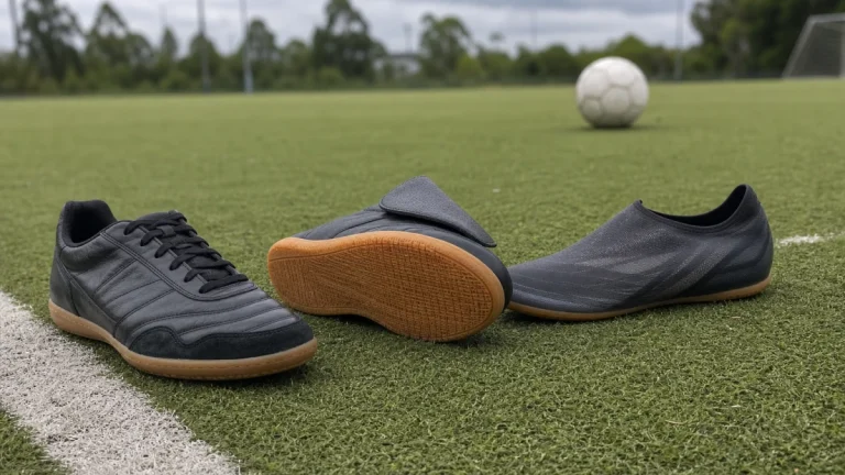 Três chuteiras de futsal sem marca na quadra de madeira: uma de couro, uma com língua dobrável e uma de cabedal fino