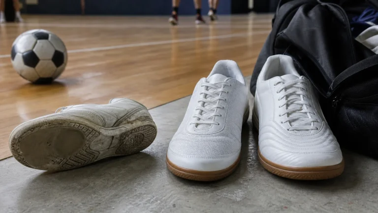Chuteira de futsal usada com sola gasta sob o dedão ao lado de dois pares novos, um sintético e um de couro, na quadra