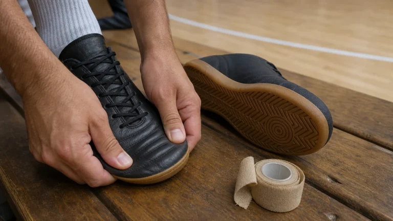 Mãos apertando o couro macio do antepé de uma chuteira de futsal, ao lado de outra sintética com biqueira reforçada