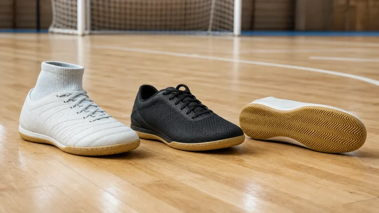 Três chuteiras de futsal genéricas em piso de quadra: uma de cano médio, uma baixa e estreita e uma com solado liso à mostra