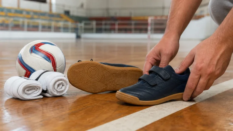 Chuteiras de futsal infantis de velcro e sola lisa sobre piso de madeira, ao lado de bola de futsal e meias