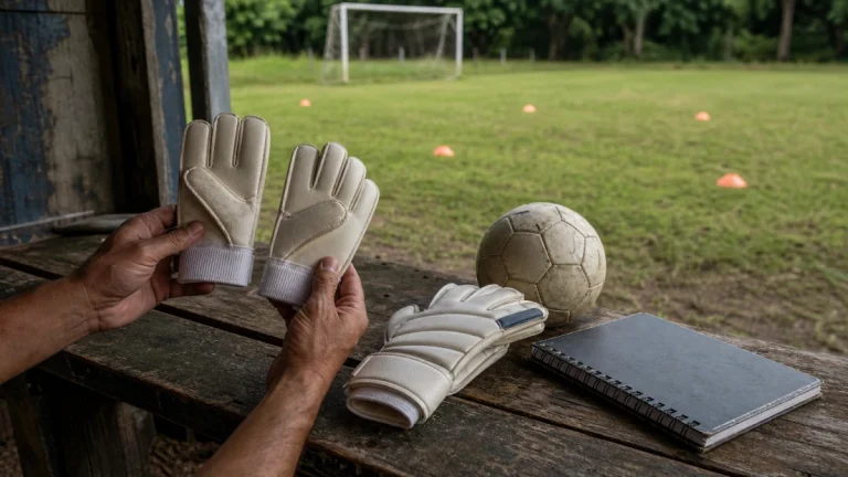 Mãos de adulto segurando par de luvas de goleiro infantis ao lado de luva adulta e bola de treino em banco de madeira