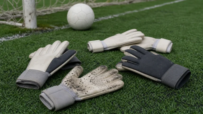 Três pares de luvas de goleiro sobre grama sintética, uma com a palma gasta e grãos de borracha presos ao látex