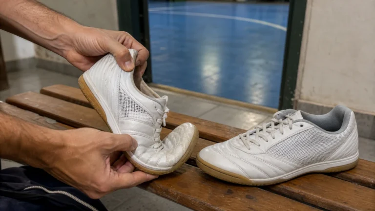 Mãos dobrando a ponta de uma chuteira de futsal de couro sobre banco de vestiário, com outro modelo ao lado