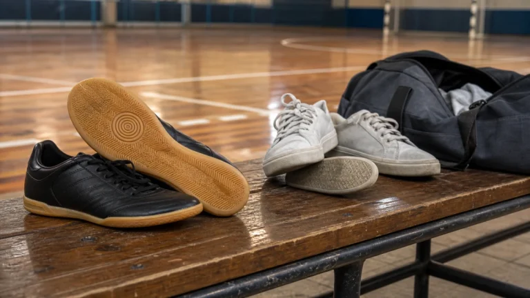 Chuteira de futsal com sola de borracha limpa ao lado de tênis casual empoeirado em banco na entrada de quadra coberta