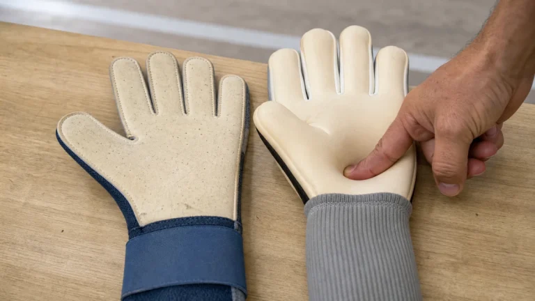 Duas luvas de goleiro sobre balcão: uma de palma fina e punho elástico, outra de palma grossa apertada por um polegar